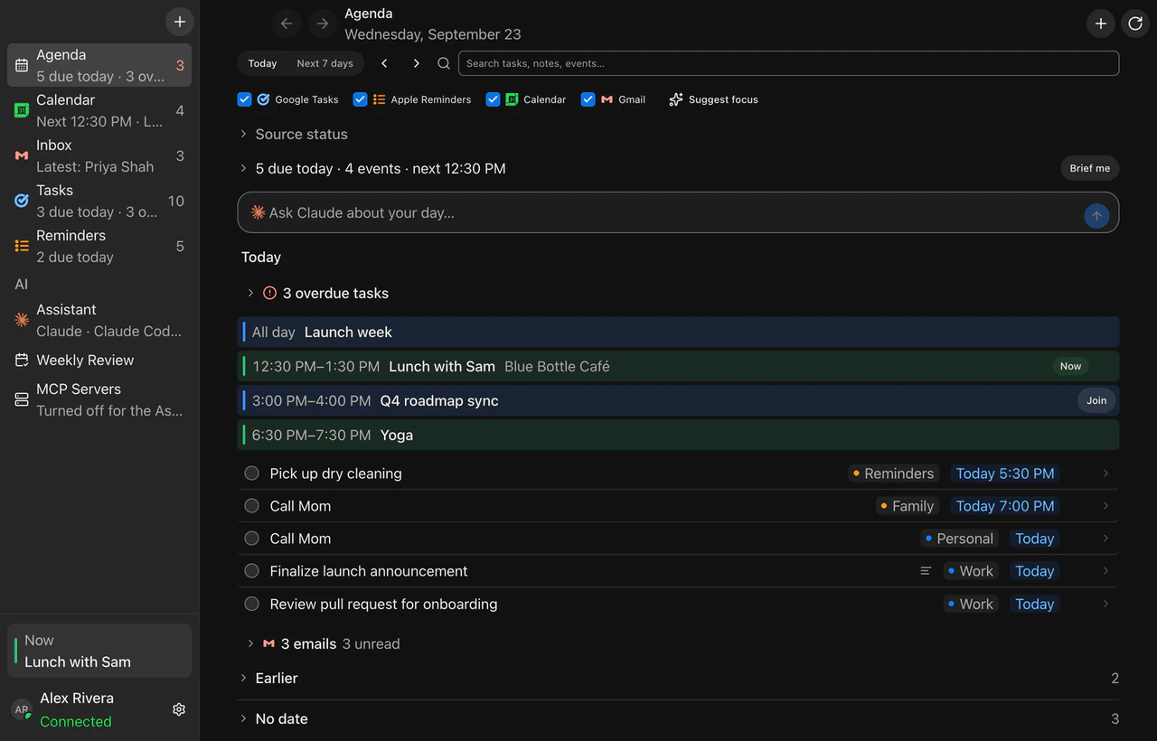 DayBoard agenda view with sample events, tasks, reminders, and emails